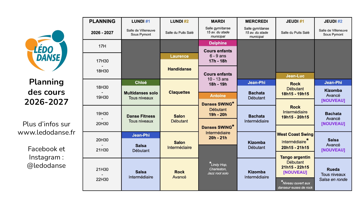 Planning cours Lédodanse 2026-2027
