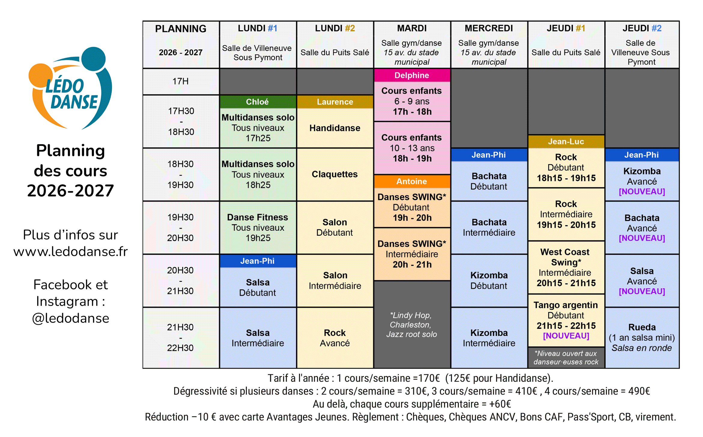 Planning cours Lédodanse 2026-2027